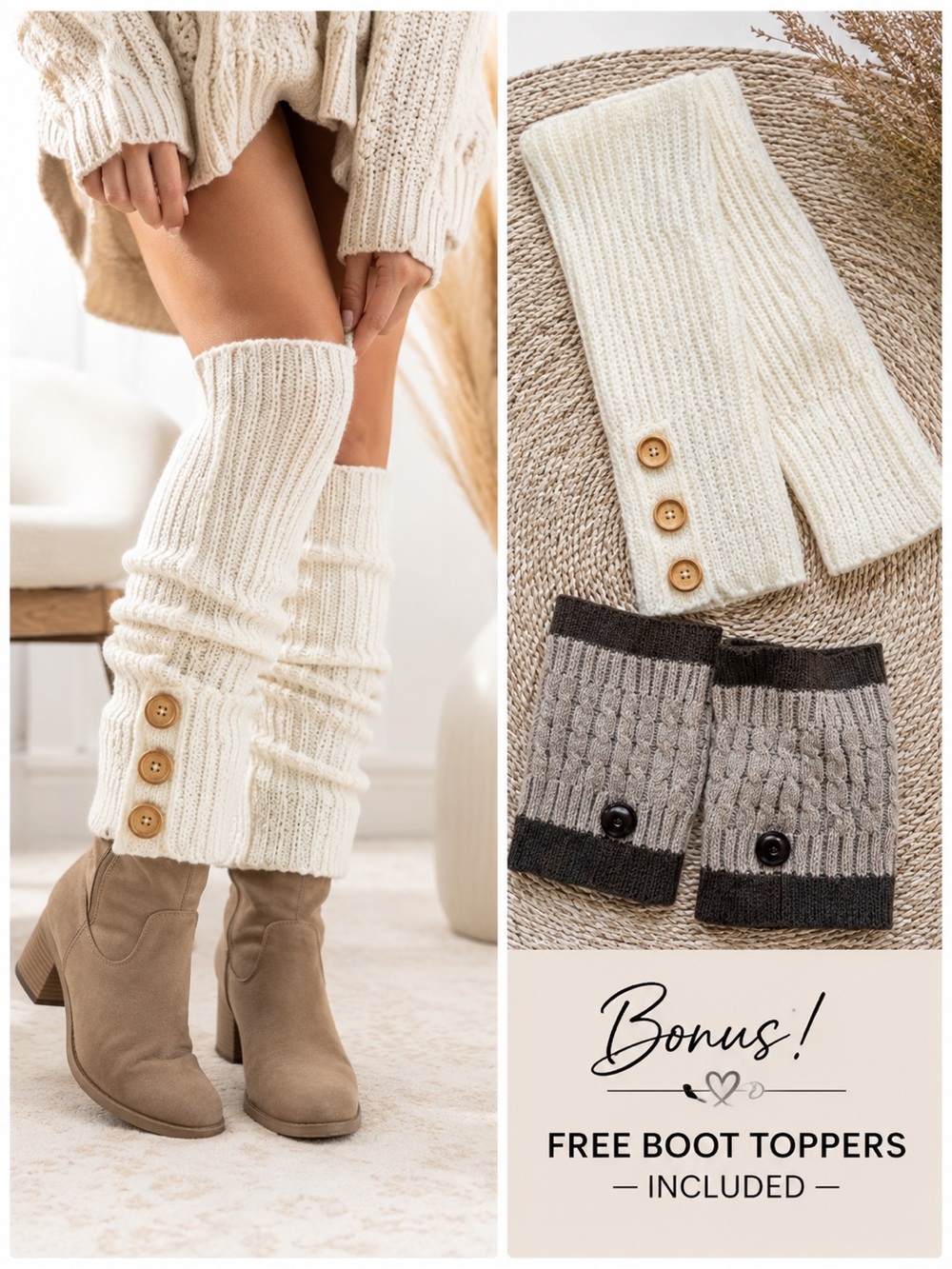 NEW Daisy Street Cream Knit Button Leg Warmers FREE Boot Topper Cottagecore Boho